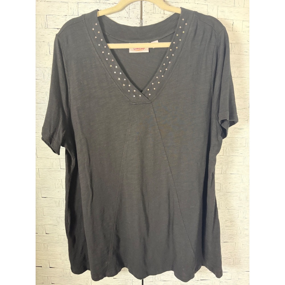 Quacker Factory Womens Top Rhinestone V-Neck Short Sleeve  A596315